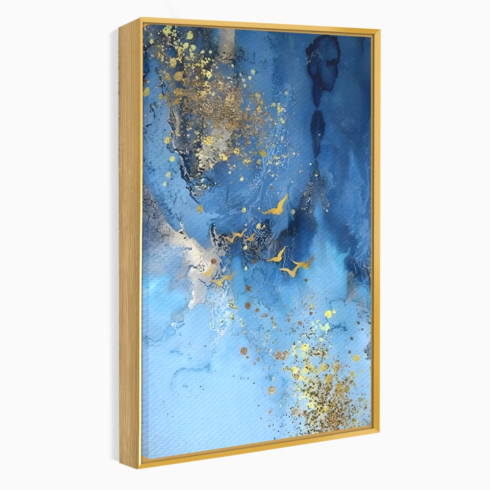 Tablou canvas cu tablou abstract cu pasari aurii, in rama de aluminiu auriu